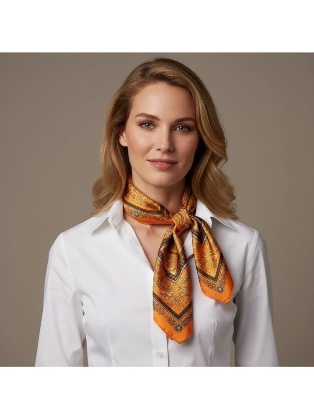 Luxury Square Satin Scarf With Ornate Floral Motif - Orange & Gold Border Design